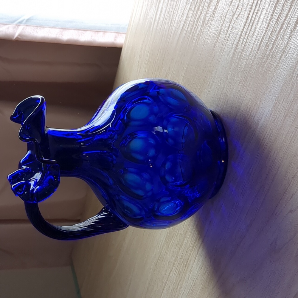 Fenton Cobalt Blue Dot Pitcher with Raised Swirl Handle - Picture 9 of 13